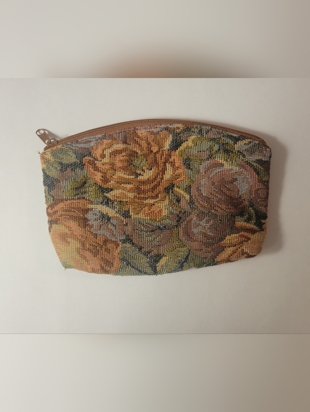 Floral Tapestry Half-Moon Cosmetic Bag in Brown and Gold